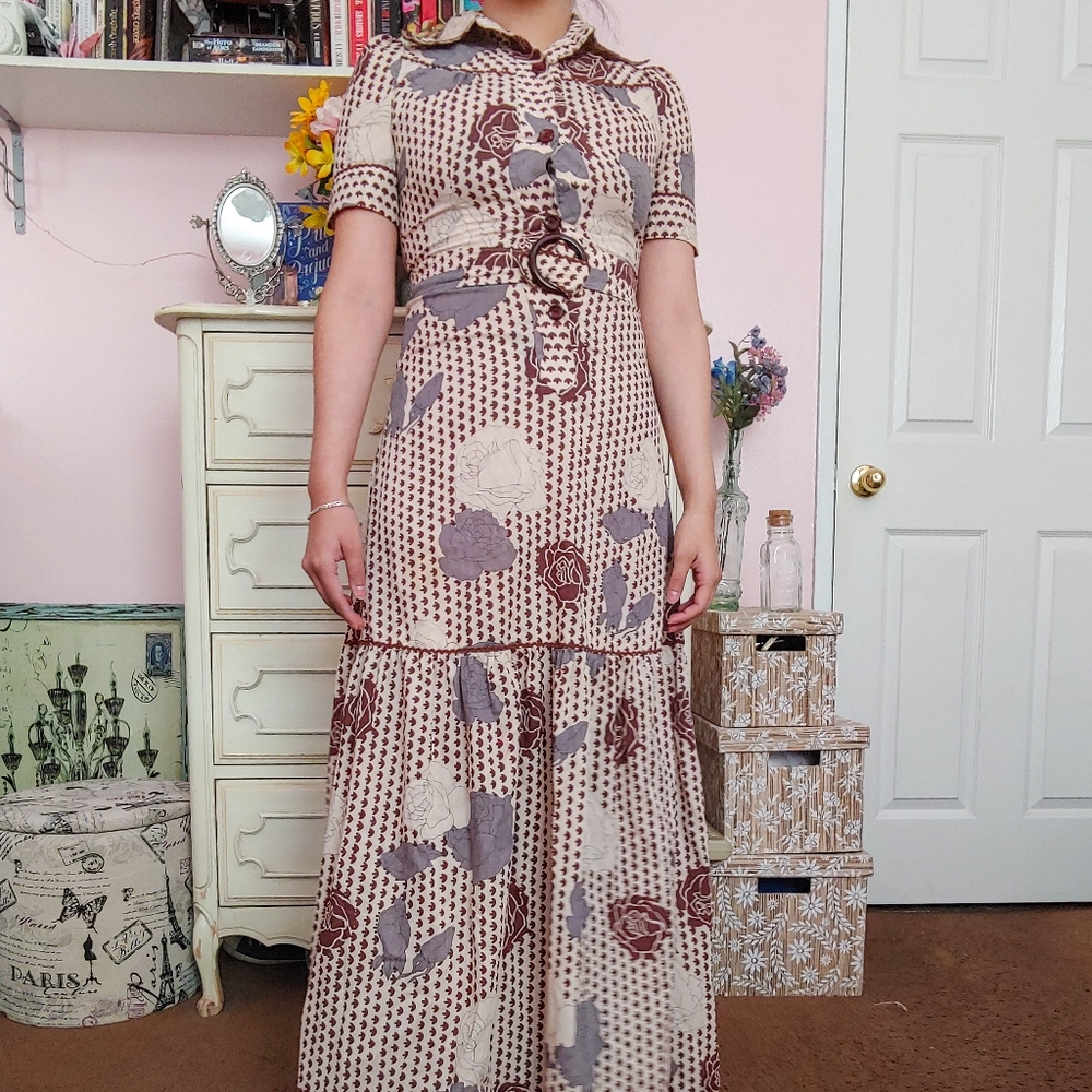 Vintage 70s Brown & Grey Rose Floral Maxi Dress